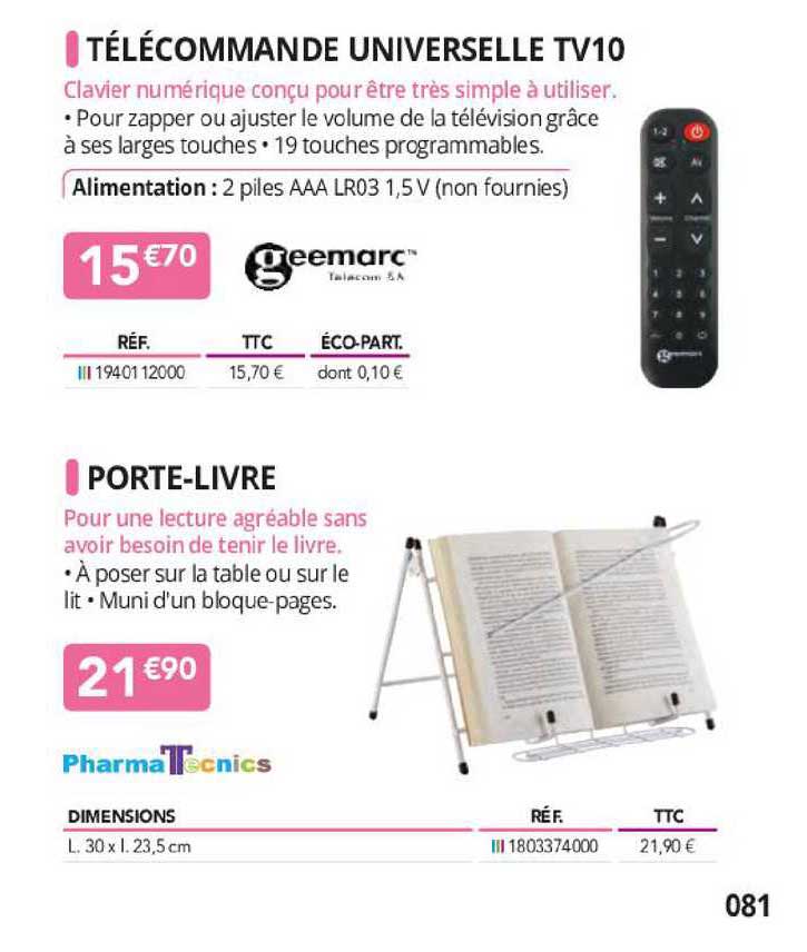 télécommande universelle tv10 geemarc , porte-livre pharma tecnics