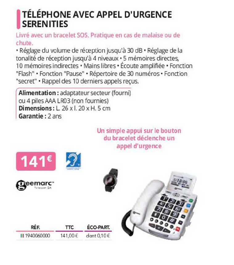 téléphone avec appel d'urgence serenities geemarc