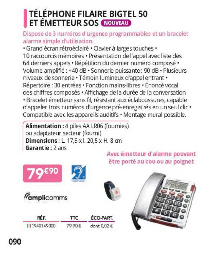 téléphone filaire bigtel 50 et émetteur sos amplicomms