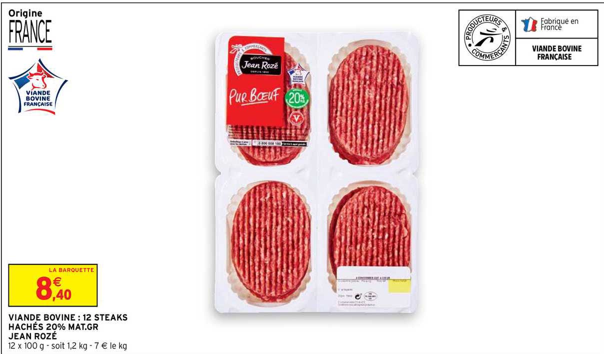 viande bovine : 12 steaks hachés 20% mat. gr. jean rozé
