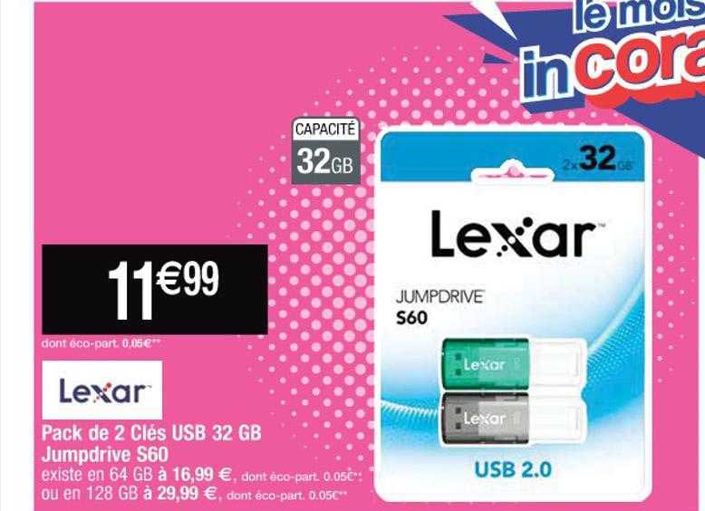 pack de 2 clés usb 32 gb jumpdrive s60 lexar