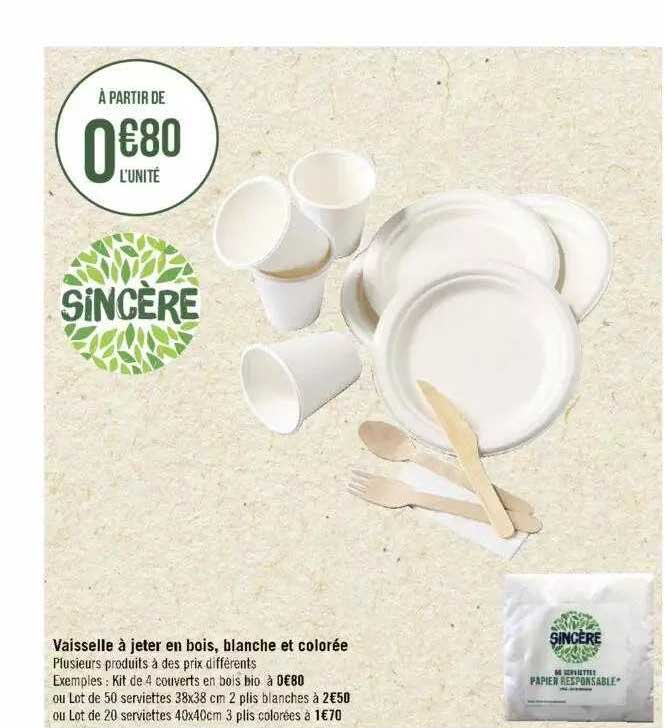 vaisselle à jeter en bois, blanche et colorée sinsère