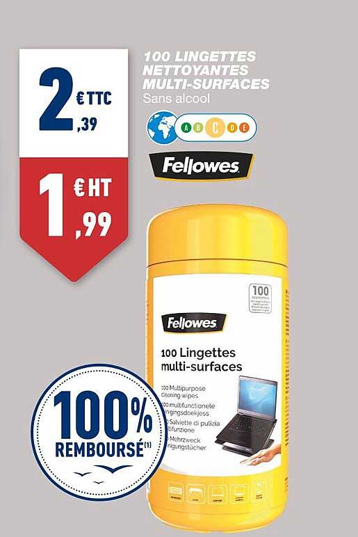 100 lingettes nettoyantes multi-surfaces fellowes