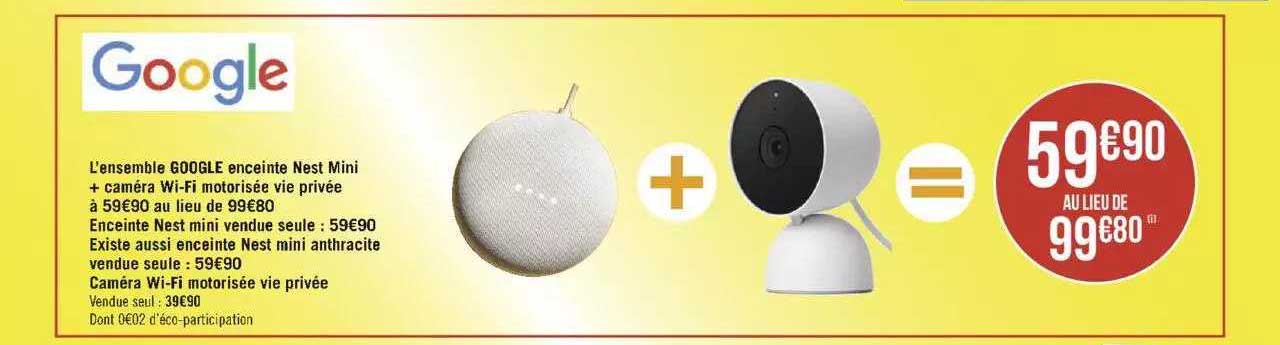 ensemble google enceinte nest mini + caméra wifi motorisée vie privée, enceinte nest mini, enceinte nest mini anthracite, caméra wifi motorisé vie privée