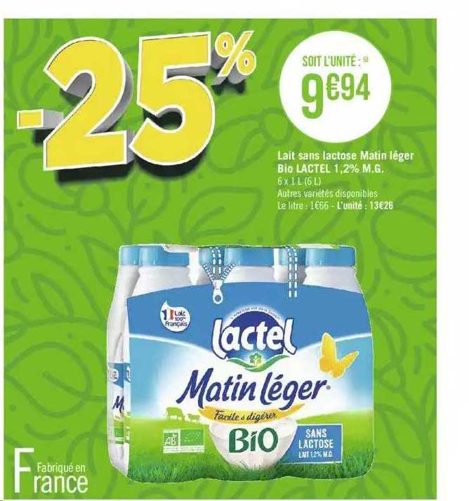lait sans lactose matin léger bio lactel 1,2% m.g.