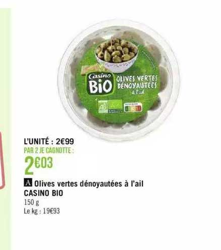 Olives Vertes Dénoyautées à L'ail Casino Bio