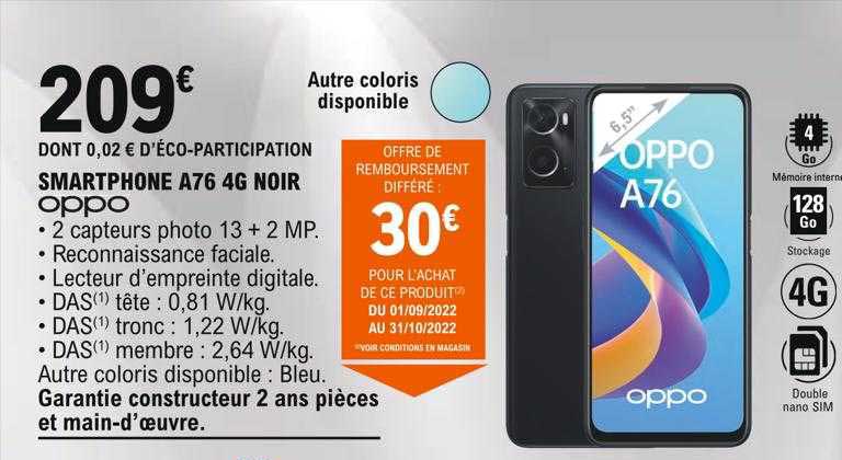 smartphone a76 4g noir oppo