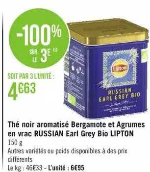thé noir aromatisé bergamote et agrumes en vrac russian earl grey bio lipton