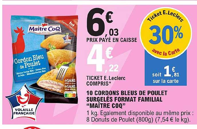 10 Cordons Bleus De Poulet Surgelés Format Familial "maître Coq"
