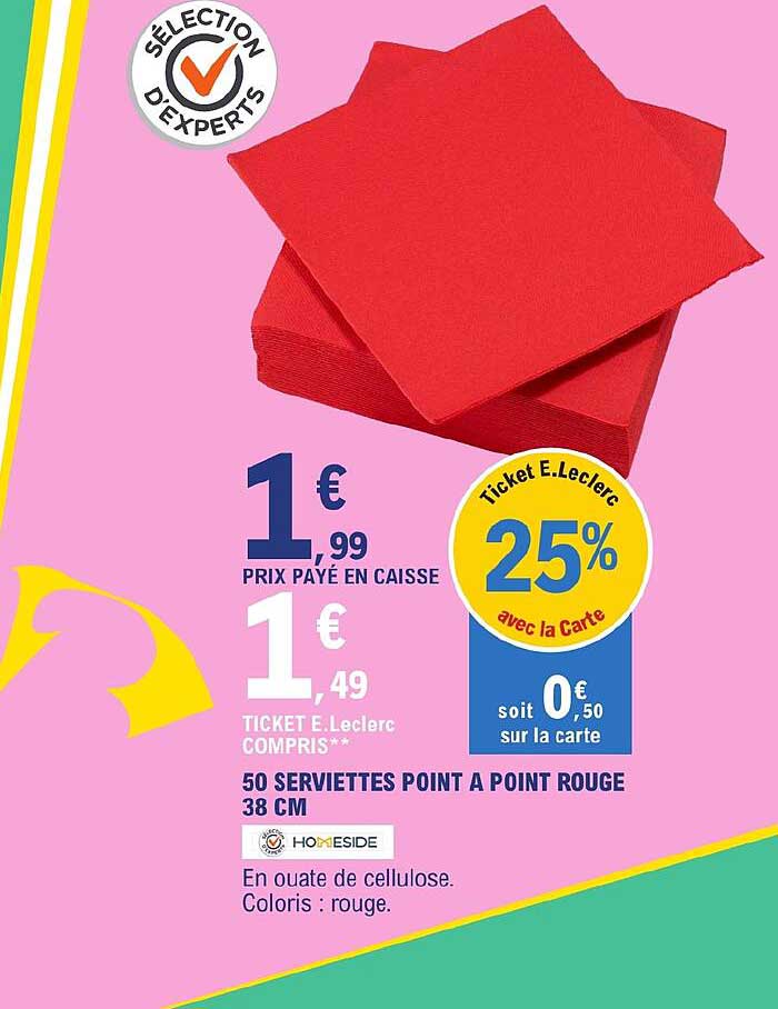 50 serviettes point à point rouge 38 cm