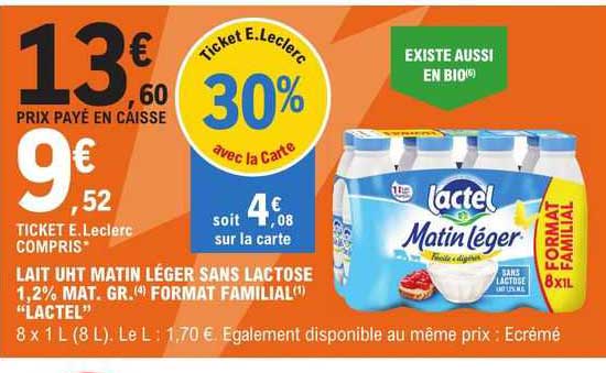 lait uht matin léger sans lactose 1,2% mat. gr. format familial "lactel"