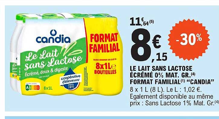 le lait sans lactose écrémé 0% mat. gr. format familial "candia"
