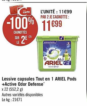 lessive capsules tout en 1 ariel pods + active odor defense