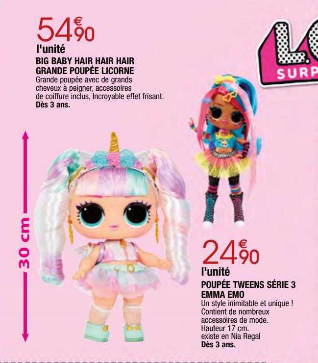 Big Baby Hair Hair Hair Grande Poupée Licorne, Poupée Tweens Série 3 Emma Emo