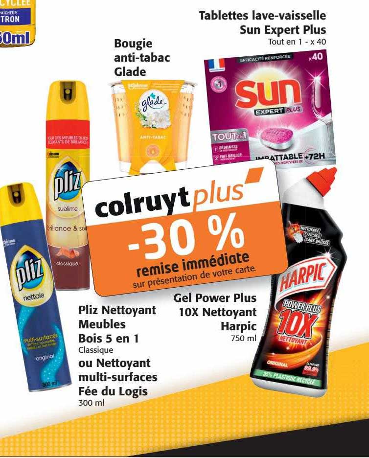 bougie anti-tabac glade, tablettes lave-vaisselle sun expert plus, gel power plus 10x nettoyant harpic, pliz nettoyant meubles bois 5 en 1 ou nettoyant multi-surfaces fée du logis