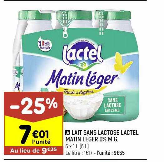 lait sans lactose lactel matin léger 0% m.g.
