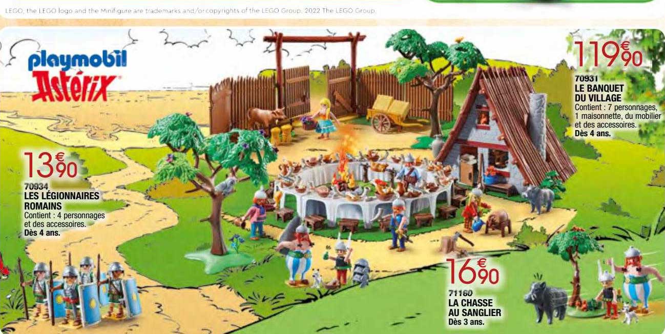 les légionnaires romains 70934, la chasse au sanglier 71160, le banquet du village 70931