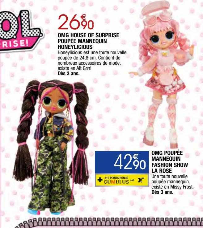 omg house of surprise poupée mannequin honeylicious, omg poupée mannequin fashion show la rose