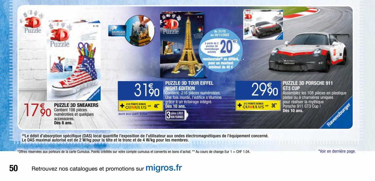 puzzle 3d sneakers, puzzle 3d tour eiffel night edition, puzzle 3d porsche 911 gt3 cup