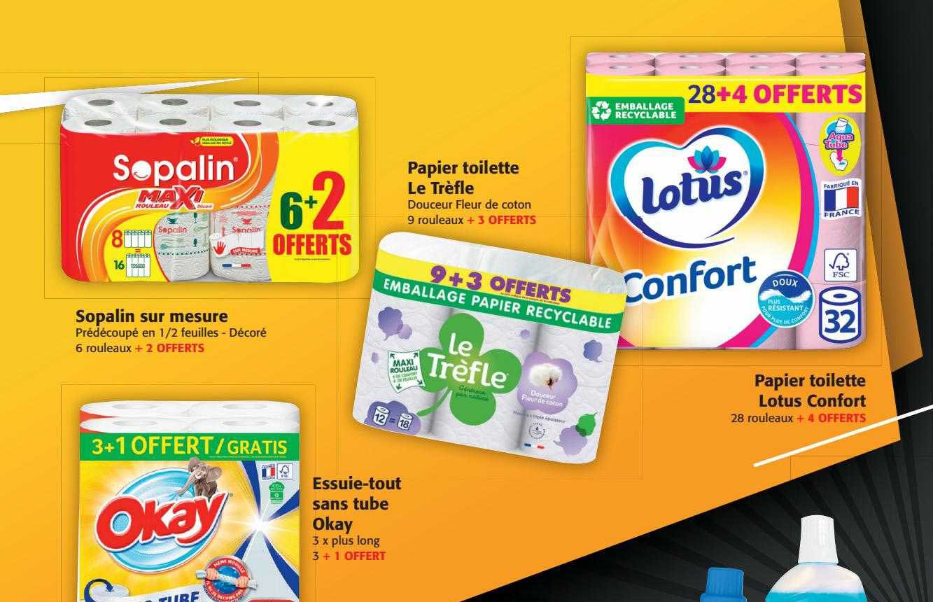 sopalin sur mesure, essuie-tout sans tube okay, papier toilette lotus confort, papier toilette le trèfle