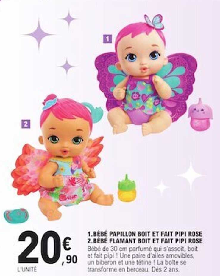 bébé papillon boit et fait pipi rose, bébé flamant boit et fait pipi rose