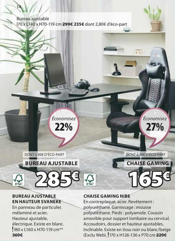 bureau ajustable en hauteur svaneke, chaise gaming nibe