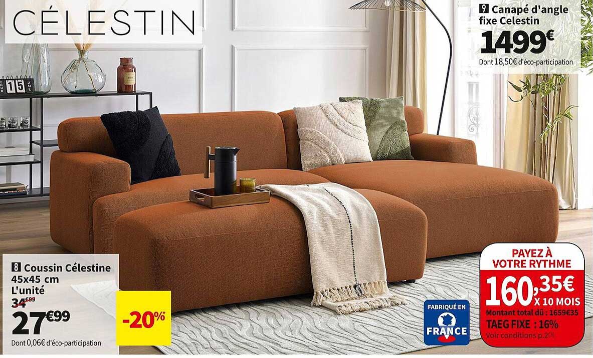 canapé d'angle fixe celestin ou coussin célestine