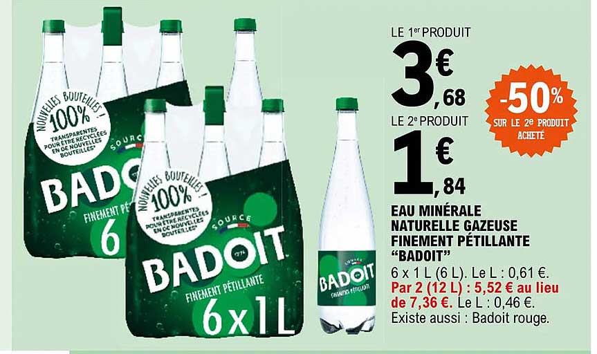 eau minérale naturelle gazeuse finement pétillante "badoit"