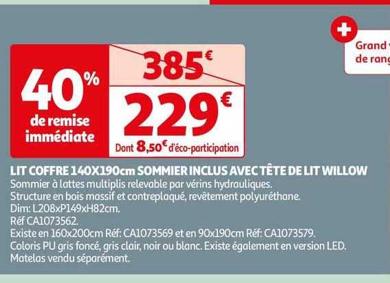 lit coffre 140 x 190 cm sommier inclus avec tête de lit willow