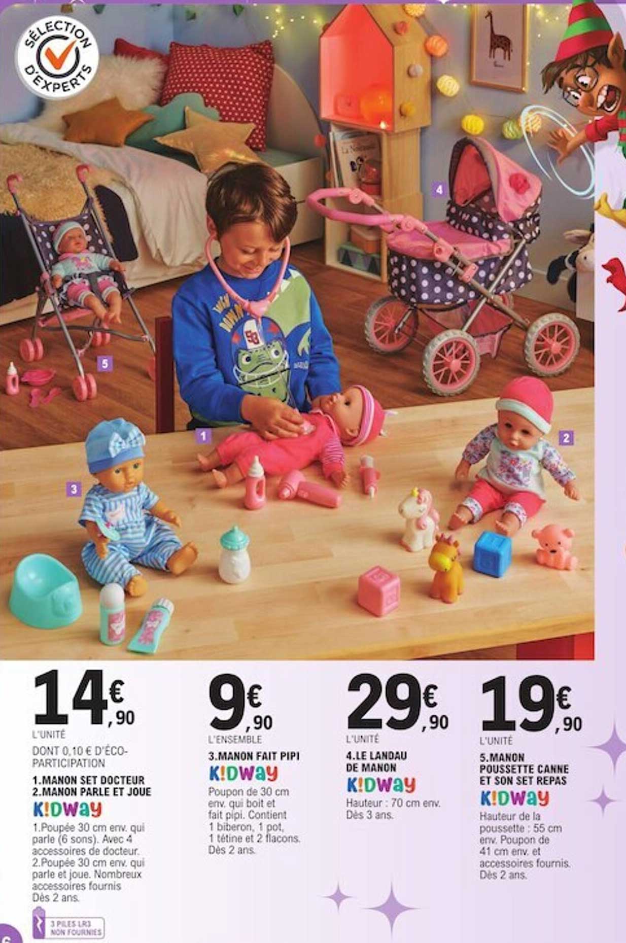 manon set docteur, manon parle et joue, manon fait pipi, le landau de manon, manon poussette canne et set repas k!dway