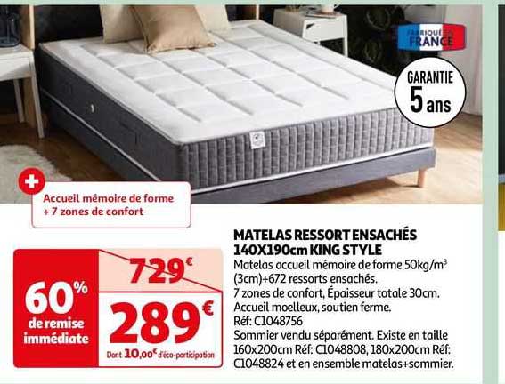 matelas ressort ensachés 140 x 190 cm king style