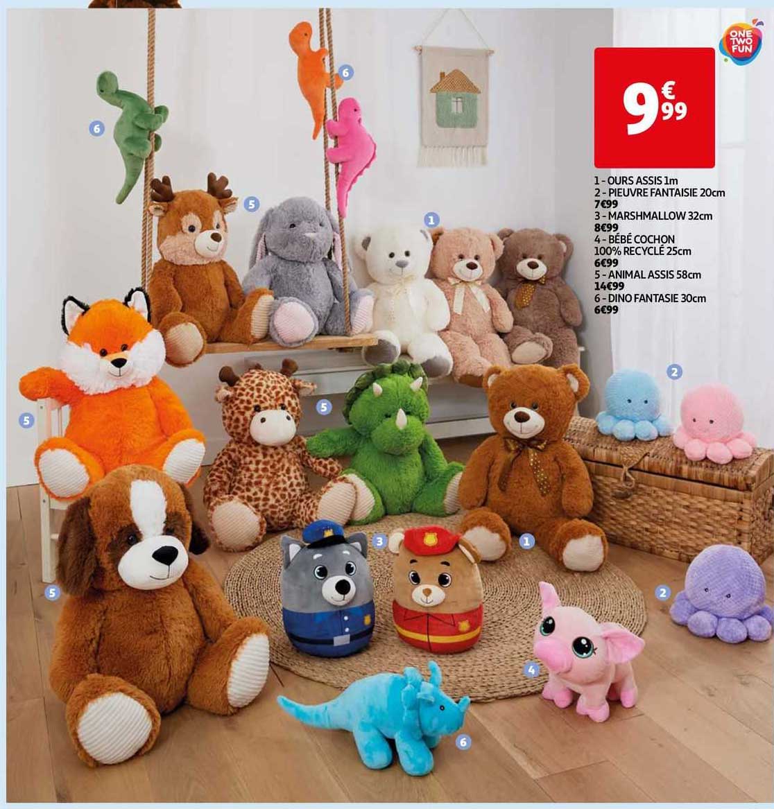 ours assis 1 m , pieuvre fantaisie 20 cm, marshmallow 20 cm, bébé cochon 100% recyclé 25 cm, animal assis 58 cm, dino fantaisie 30 cm
