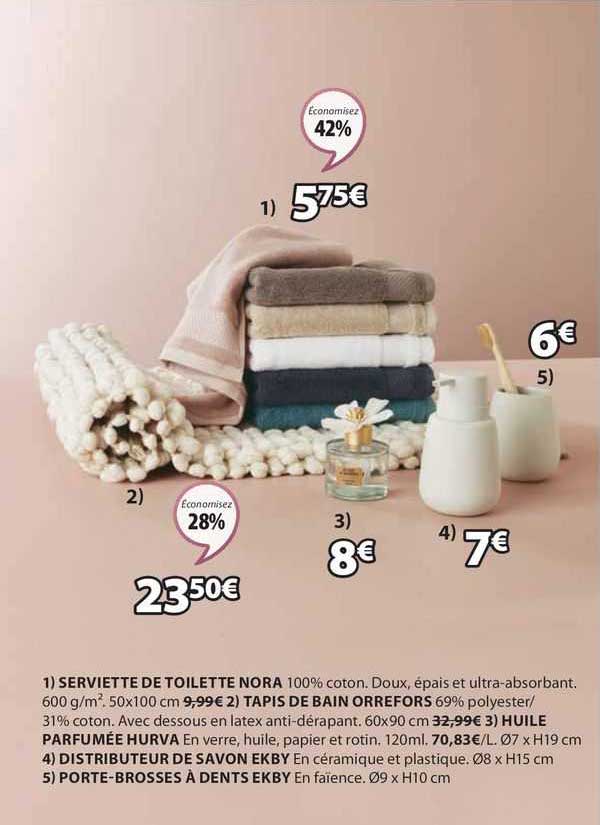 serviette de toilette nora, tapis de bain orrefors, huile parfumée hurva, distributeur de savon ekby, porte-brosses à dents ekby