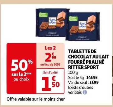 tablette de chocolat au lait fourré praliné ritter sport