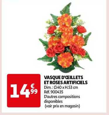 vasque d'œillets et roses artificiels