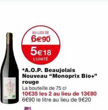 a.o.p. beaujolais nouveau "monoprix bio+" rouge