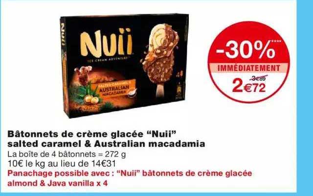 bâtonnets de crème glacée "nuii" salted caramel & australian macadamia
