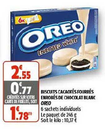 Biscuits Cacaotés Fourrés Enrobés De Chocolat Blanc Oreo
