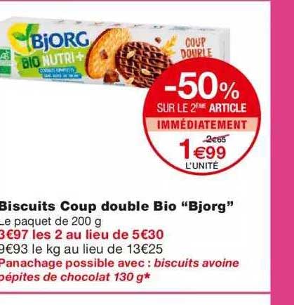 biscuits coup double bio "bjorg" -50% sur le 2ème article