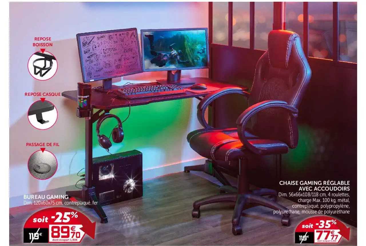 Bureau Gaming, Chaise Gaming Réglable Avec Accoudoirs