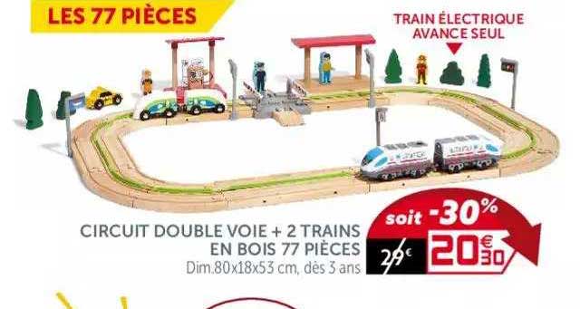 cirucit double voie + 2 trains en bois 77 pièces