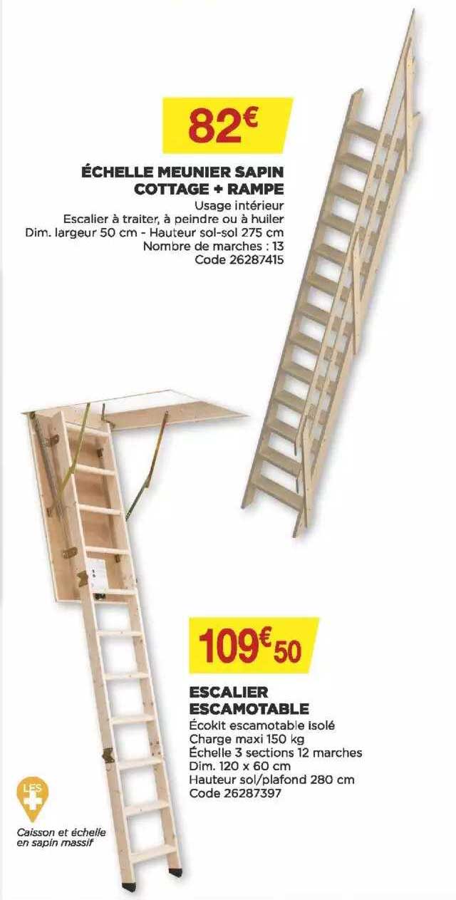 échelle meunier sapin cottage + rampe, escalier escamotable
