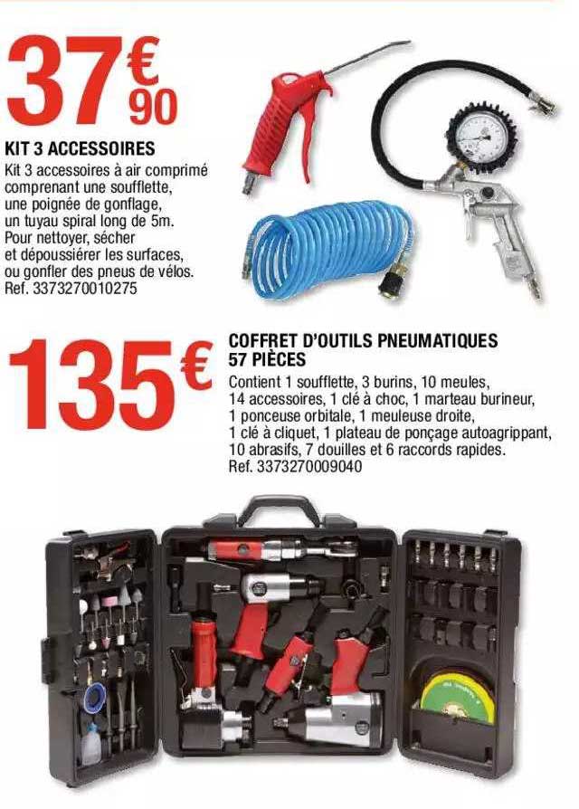 kit 3 accessoires, coffret d'outils pneumatiques 57 pièces