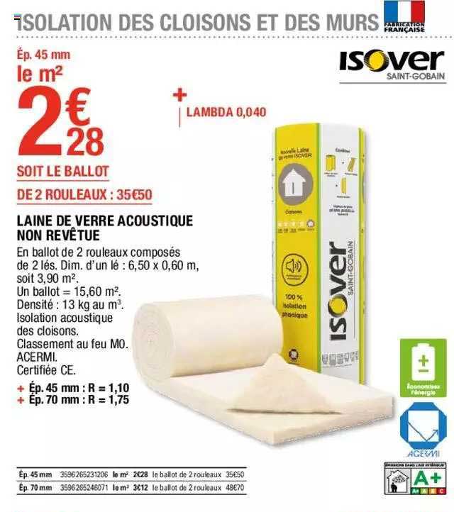 Laine De Verre Acoustique Non Revêtue Isover
