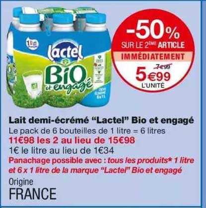 Lait Demi-écrémé "lactel" Bio Et Engagé -50% Sur Le 2ème Article