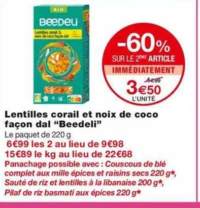 Lentilles Corail Et Noix De Coco Façon Dal "beedeli" -60% Sur Le 2ème Article