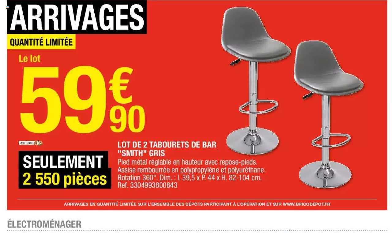lot de 2 tabourets de bar "smith" gris