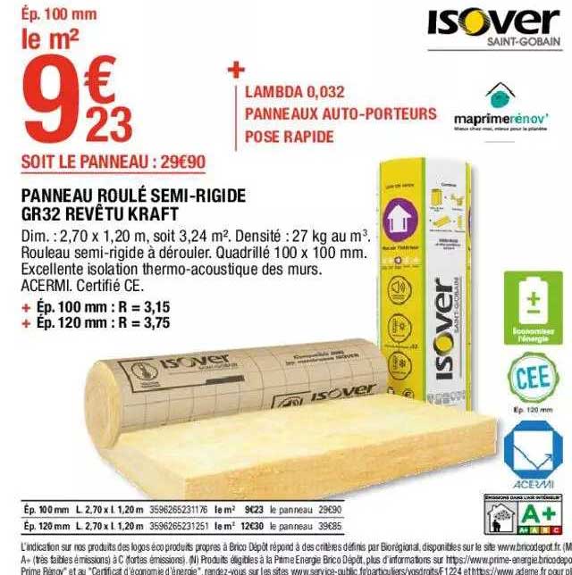 panneau roulé semi-rigide gr32 revêtu kraft isover