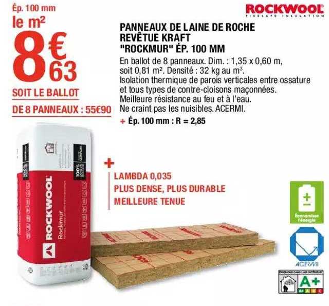 panneaux de laine de roche revêtue kraft "rockmur" ép. 100 mm rockwool