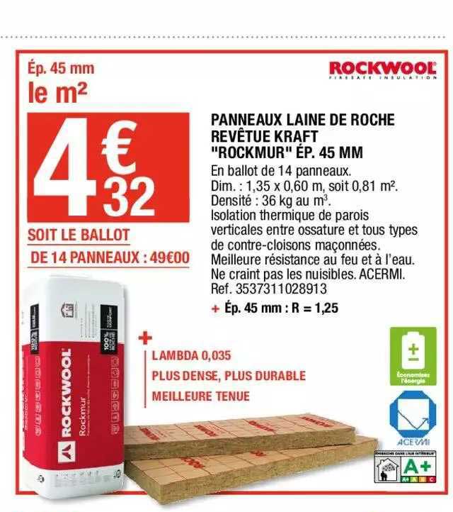panneaux laine de roche revêtue kraft "rockmur" ép. 45 mm rockwool